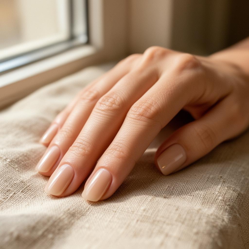 Manicured hand on linen